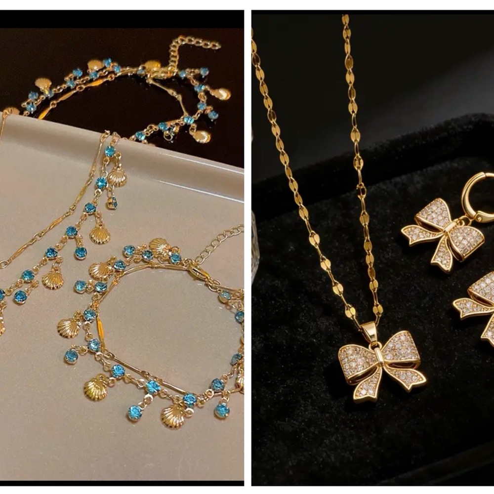 2 Gold and Blue Necklace Set with Bow Design
